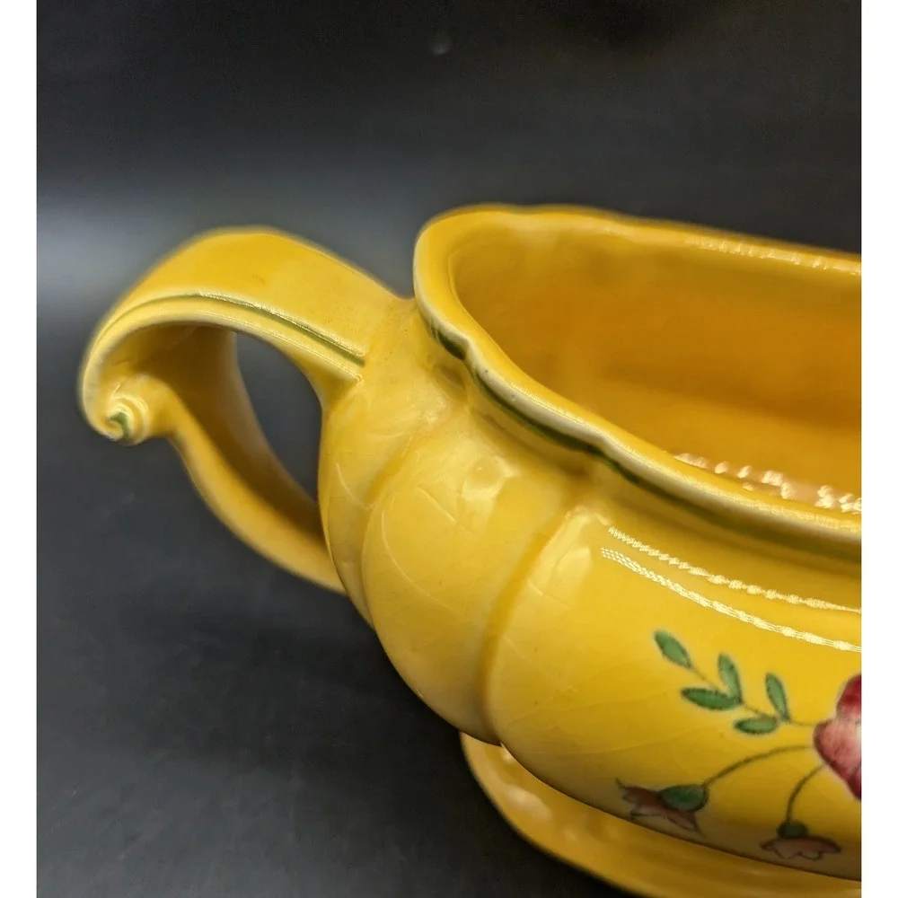 Vintage Longchamp Hand Painted France Yellow Floral Gravy Boat Pedestal 7